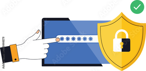Password Security Protection Vector Illustration; Hand Entering Code into Screen with Secure Checkmark and Shield Icon Representing Data Privacy, Safe Login, and Digital Safety.
