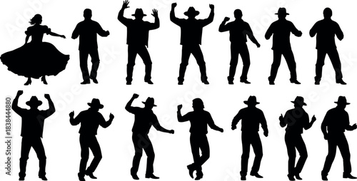 Silhouettes of Western Country Dancers in Cowboy Hats Performing Energetic Moves and Twirls for Line Dance and Rodeo Themes