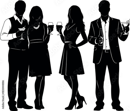 Stylized silhouette of elegant adults holding drinks at formal party event, perfect for nightlife, celebration, fashion, and social themes.