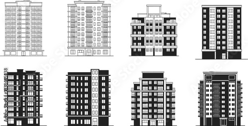 Modern apartment building facade illustration set, urban residential architecture icons, high-rise housing exterior collection, detailed city skyline elements for real estate design projects