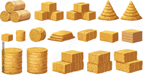 Set of colorful agricultural hay and straw bales vector cartoon collection; dry wheat stack; rolled hay piles; farm feed; harvest season; stacked forage bales; isolated objects.