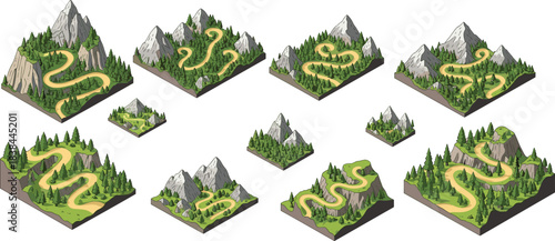 Set of isometric mountain landscapes with winding roads and forest trees; hiking; travel; transport; nature map element; high-quality 3D terrain; video game asset.