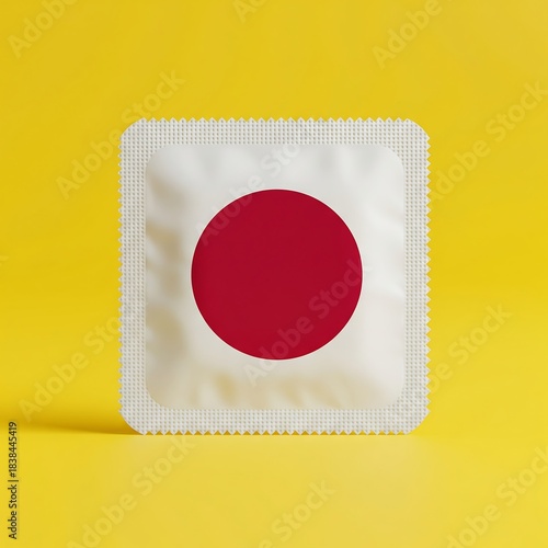 Vibrant single Japanese flag condom wrapper stands out against bright yellow background for sexual health concepts Free Download Vibrant single Japanese flag condom wrapper stands out against bright yellow background for sexual health concepts - GFXLoad