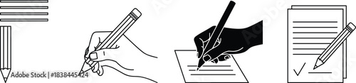 Writing and Editing Icons Set; Hand Holding Pencil and Pen, Taking Notes on Paper, Filling Out a Form, Drawing, Signing Document, Line Drawing and Solid Black Silhouette Graphics.
