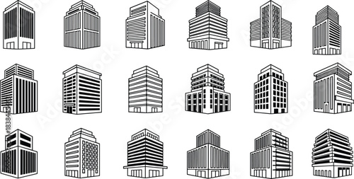 Modern commercial building icon set featuring minimalist office tower illustrations, urban architecture symbols, contemporary skyscraper designs, and clean black-and-white construction line 