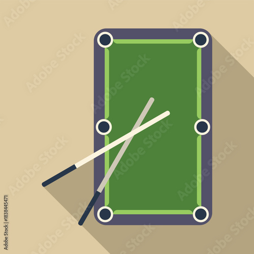 Pool table with six pockets and two crossed cue sticks for a game