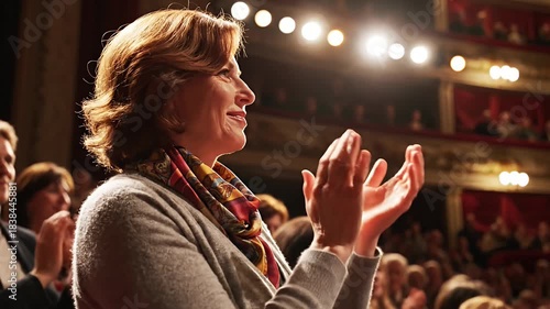 Appreciative middle-aged woman enthusiastically applauding and smiling at a captivating live theater or concert performance surrounded by a cheerful audience