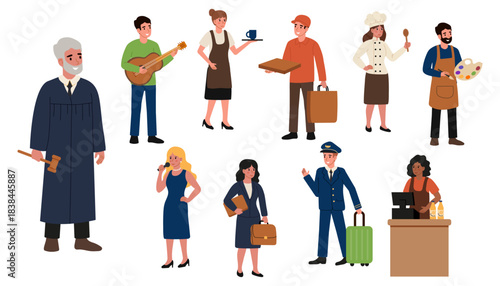 Different careers and professions are shown in a colorful illustration with various people in an office and work setting