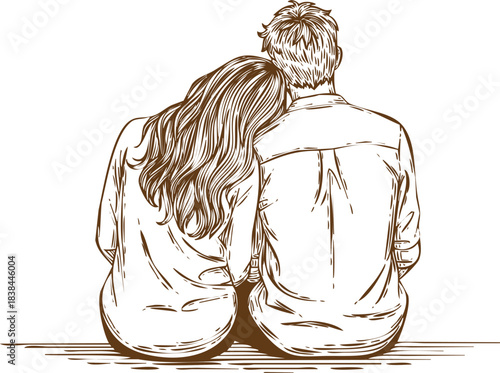 An engraving art style illustration romantic sketch of a couple sitting together, woman resting her head on mans shoulder, back view, , handdrawn style illustration