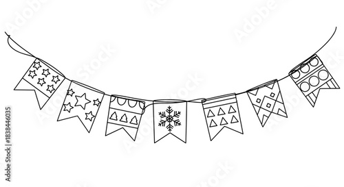Decorative string of festive, patterned flags in black and white  