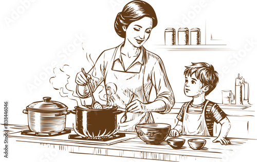 An engraving art style illustration mother and son cooking together in the kitchen, vintage sketch style, white