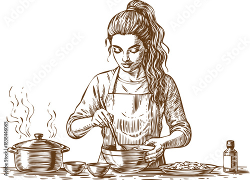 An engraving art style illustration sketch of a young woman with a high ponytail cooking and stirring ingredients in a bowl, steam rising from a pot on the counter, white