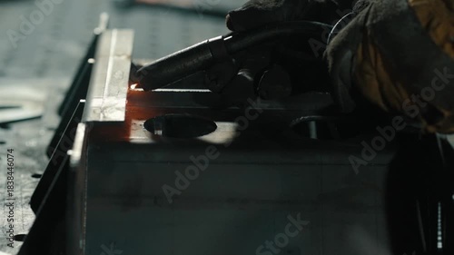 Welding of steels with Mig welding. Close up of hands. Slow motion.