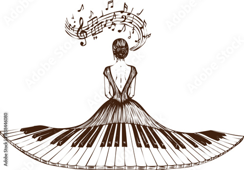 An engraving art style illustration elegant sketch of a woman whose dress is made of piano keys, with musical notes floating above her head, white
