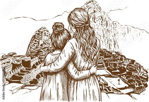 An engraving art style illustration two women embracing in front of a mountainous landscape, vintage sketch style, white