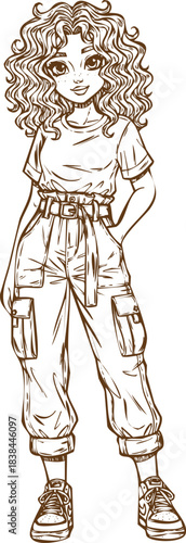 An engraving art style illustration drawing of a young woman with voluminous curly hair wearing a casual outfit with cargo pants, white