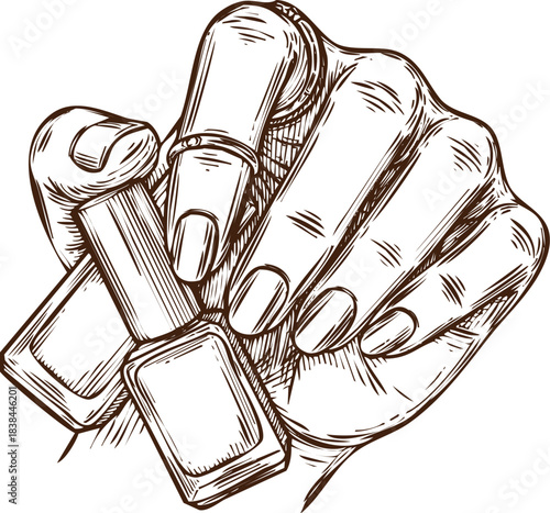 An engraving art style illustration hand holding a bottle of nail polish, sketch style