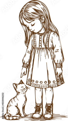An engraving art style illustration vintage sketch of a little girl gently petting a small kitten