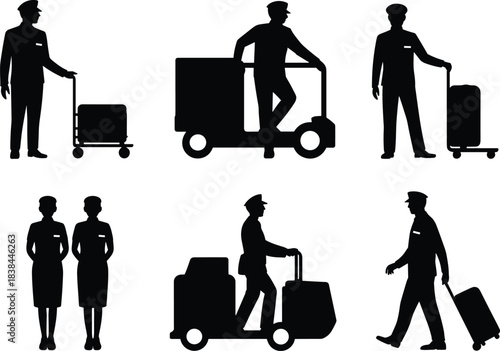 Silhouettes of hotel staff and luggage handlers using carts and transport vehicles, travel service workers moving baggage, hospitality teamwork icons for tourism industry illustrations