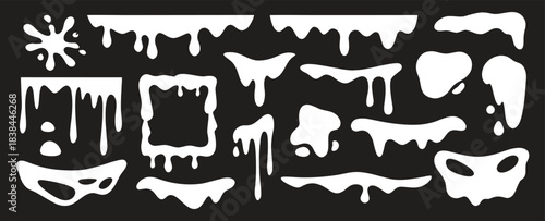 Dripping liquid shapes vector set featuring melting splash elements. Clean white silhouettes on dark background ideal for graphic design projects. Perfect for stickers, comics, templates, 