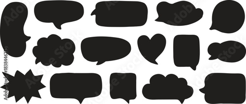 Bold black speech bubble silhouettes perfect for comics, messaging designs, and creative layouts. This collection features diverse shapes for dialogue, notes, and expressive artwork. Ideal 