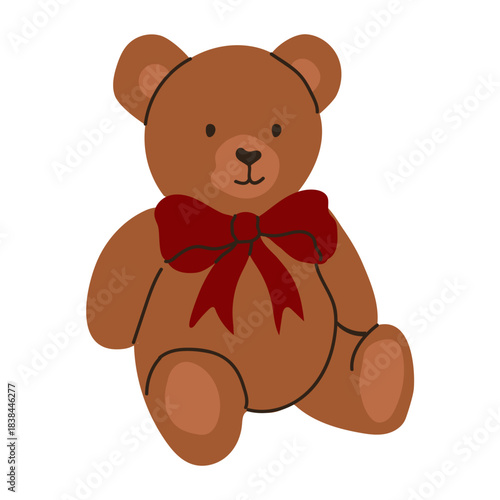 Cute teddy bear with a red bow sitting on a white background for children and decoration