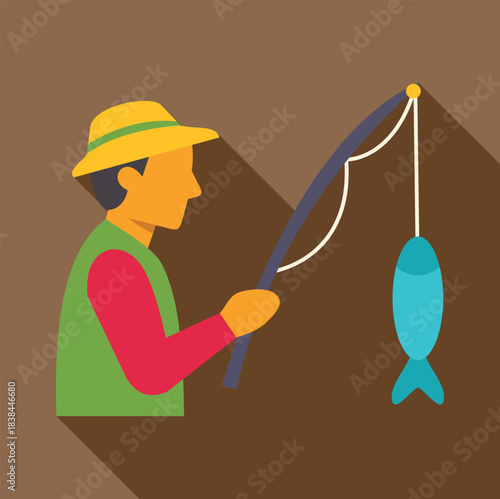 Fisherman wearing a hat and casting a line, catching a blue fish
