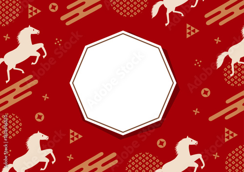 午年をイメージした馬とPOPな和柄のフレーム_赤
