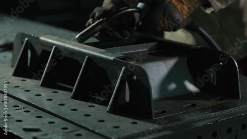 Welding of steels with Mig welding. Close up of hands. Slow motion.