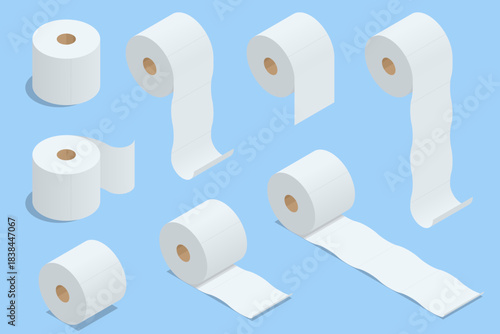 Isometric set of toilet paper rolls in various positions on a blue background. Soft hygiene paper displayed as household bathroom essentials in clean minimal style for product, packaging or sanitation