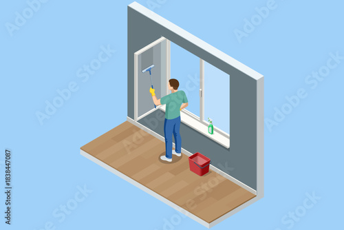 Isometric illustration of a man washing a window with a squeegee in a modern interior. Cleaning tools, spray bottle and bucket placed nearby. Home maintenance and hygiene concept in bright simple