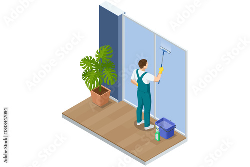 Isometric scene of a professional cleaner washing a large window with a squeegee. A plant stands nearby, with cleaning tools and bucket on the floor. Interior maintenance and hygiene concept.