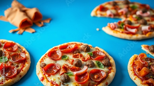 Cheese covered pizza loaded with bacon ham sausage and pepperoni on a bright blue background

