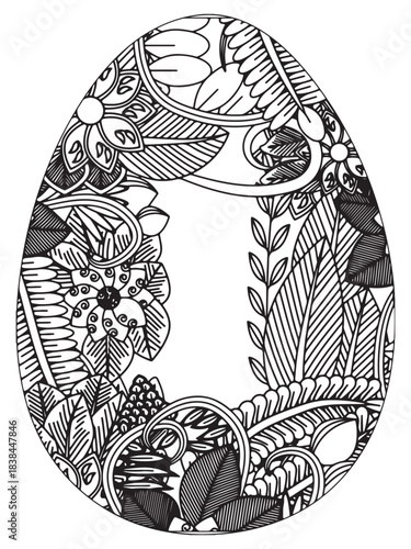Simple Easter egg illustration decorated with a delicate and clean outline pattern of daisy flowers perfect for coloring pages