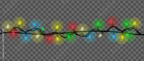 Colorful festive christmas lights string glowing on transparent