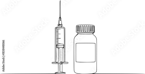 Continuous one line drawing of Syringe and bottle medical equiptment vector illustration. Editable outline
