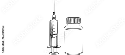 Continuous one line drawing of Syringe and bottle medical equiptment vector illustration. Editable outline
