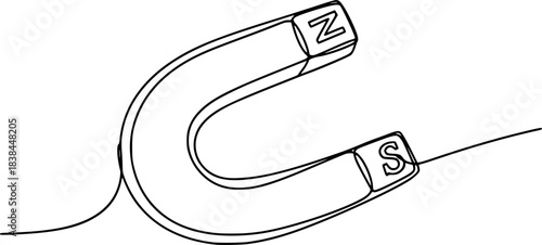 One continuous line drawing horseshoe Magnet drawing, Horse shoe magnet cartoon isolated, Continuous one line drawing of magnet. Client and talent attraction concept in simple linear style.
