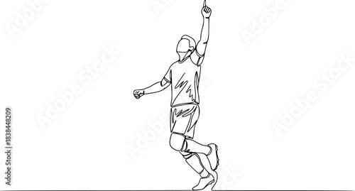 Continuous single one line art drawing of football soccer player celebrating, Match soccer goal celebration concept. Single line draw design vector graphic illustration