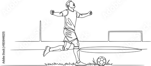 Continuous single one line art drawing of football soccer player celebrating, Match soccer goal celebration concept. Single line draw design vector graphic illustration