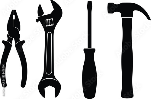 Essential Hand Tool Silhouettes for Construction, Repair, DIY Projects, Mechanical Work, Educational Use, and Minimalist Black Icon Design