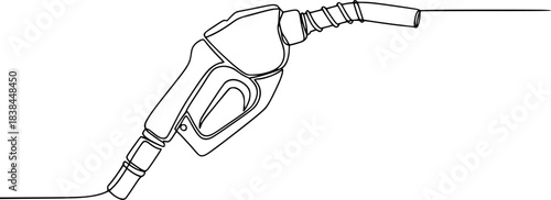 Refueling gas gun dispenser single continuous line art. Petrol industry business car diesel pump refuel headline, Gasoline pistol isolated on white background. One line continuous gasoline pistol art