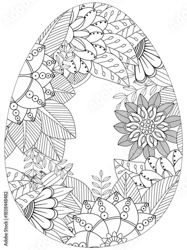 Simple Easter egg illustration decorated with a delicate and clean outline pattern of daisy flowers perfect for coloring pages