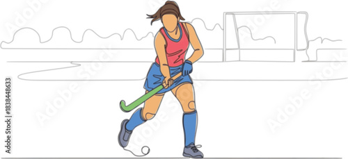 Minimalist vector illustration of a female field hockey athlete playing a match, One continuous line drawing of young professional ice hockey player exercising and practicing on ice rink stadium.