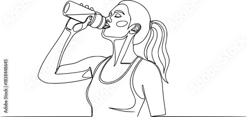 Continuous one line drawing of woman drinking water from the bottle, woman drinking water from bottle continuous one line drawing after sport exercise.