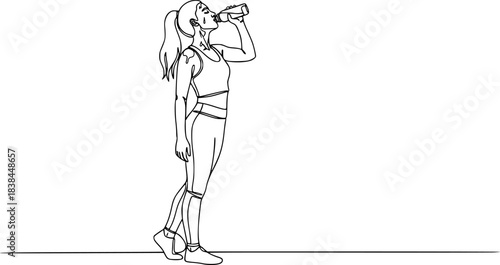 Continuous one line drawing of woman drinking water from the bottle, woman drinking water from bottle continuous one line drawing after sport exercise.