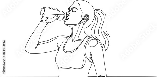 Continuous one line drawing of woman drinking water from the bottle, woman drinking water from bottle continuous one line drawing after sport exercise.