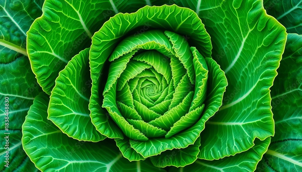 Obraz premium Intricate fractal-like cabbage head, spiraling leaves, endless repetition, core, macro