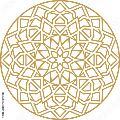A golden intricate geometric circular pattern with star shapes and polygons, inspired by traditional Islamic art and mandalas.