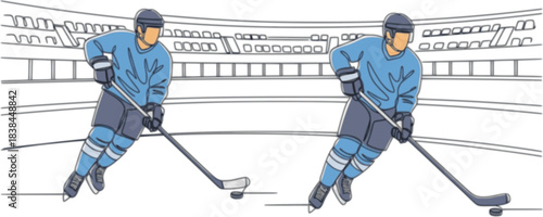 Minimalist vector illustration of a female field hockey athlete playing a match, One continuous line drawing of young professional ice hockey player exercising and practicing on ice rink stadium.